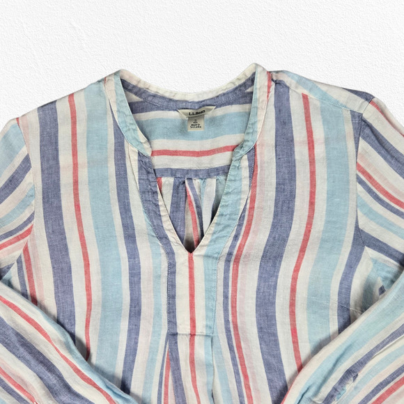 L.L. Bean 100% Linen Blue White Stripe Tunic Long Sleeve Summer Shirt Size Small - Picture 3 of 7